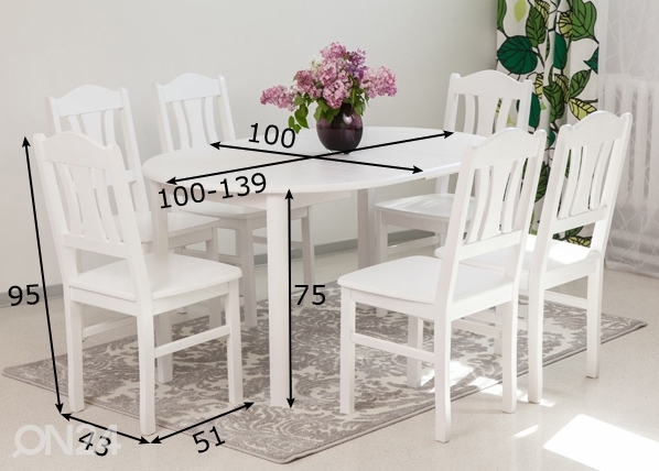 Обеденный комплект 100x100-139 cm + стулья Per 6шт, белый размеры