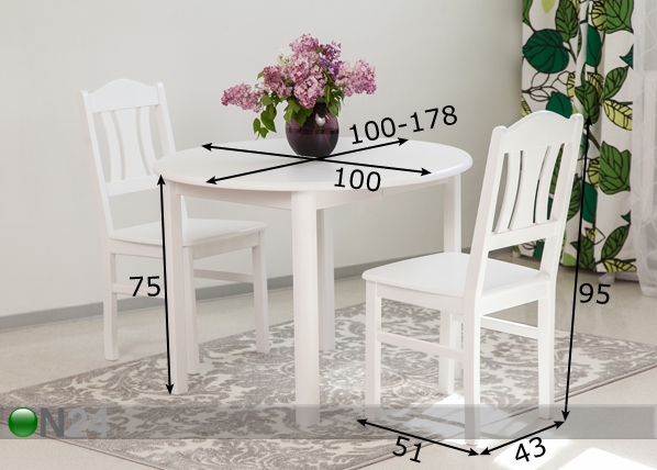 Обеденный комплект Ada2 100x100-178 cm + стулья Per 2шт размеры