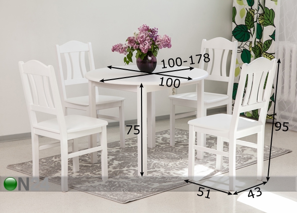 Обеденный комплект Ada2 100x100-178 cm + стулья Per 4шт размеры