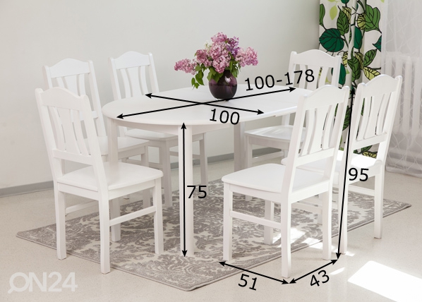 Обеденный комплект Ada2 100x100-178 cm + стулья Per 6шт размеры