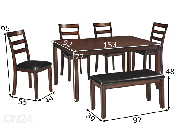 Обеденный стол 153x92 см + 4 стула и скамья размеры