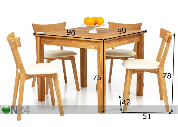 Обеденный стол из дуба Lem 90x90 cm + 2 стула Viola beige размеры
