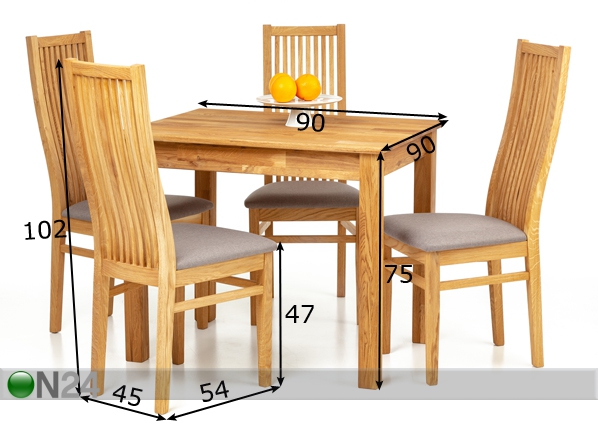 Обеденный стол из дуба Lem 90x90 cm + 4 стула Sandra серый размеры