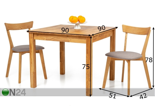Обеденный стол из дуба Lem 90x90 cm + 4 стула Viola серый размеры