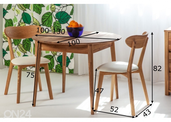 Обеденный стол из массива дуба Scan 100x100/130 cm+ 2 стула Irma размеры
