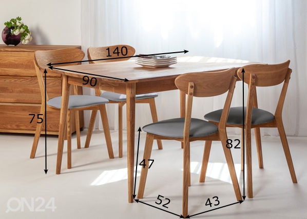 Обеденный стол из массива дуба Scan 140x90 cm+ 4 стула Irma размеры