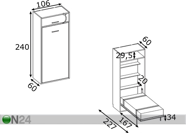 Откидная кровать-шкаф 90x190 cm, вертикальная размеры