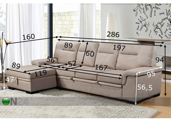 Угловой диван-кровать с ящиком Pam размеры