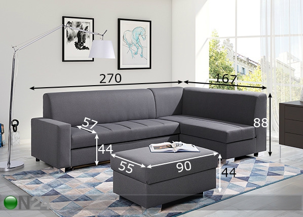 Угловой диван-кровать с ящиком + пуф размеры