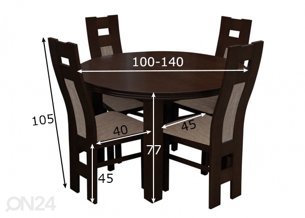 Удлиняющийся обеденный стол 100x100-140 cm + 4 стула размеры
