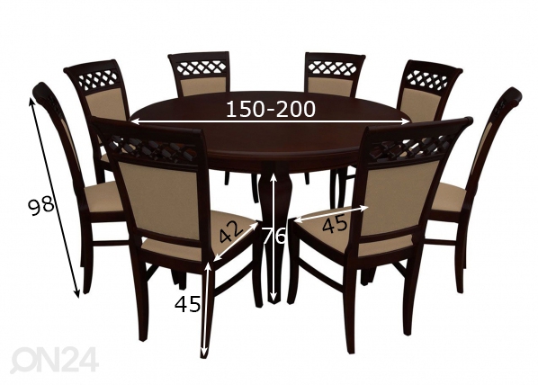 Удлиняющийся обеденный стол 150x150-200 cm + 8 стульев размеры