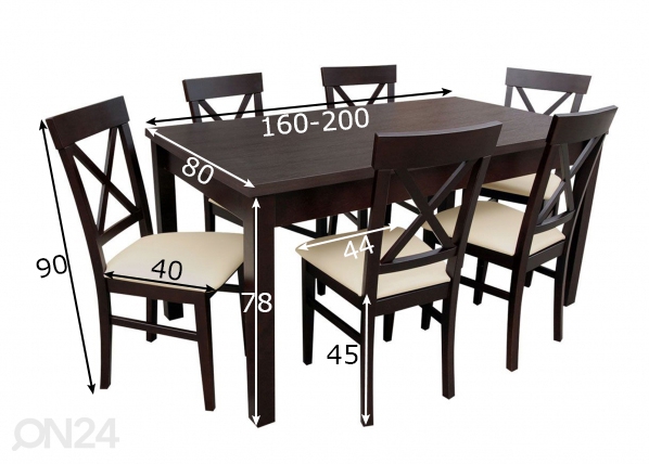 Удлиняющийся обеденный стол 80x160-200 cm + 6 стульев размеры