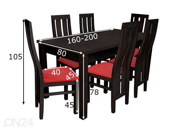 Удлиняющийся обеденный стол 80x160-200 cm + 6 стульев размеры