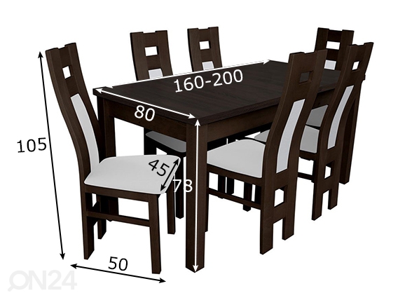 Удлиняющийся обеденный стол 80x160-200 см + 6 стульев размеры