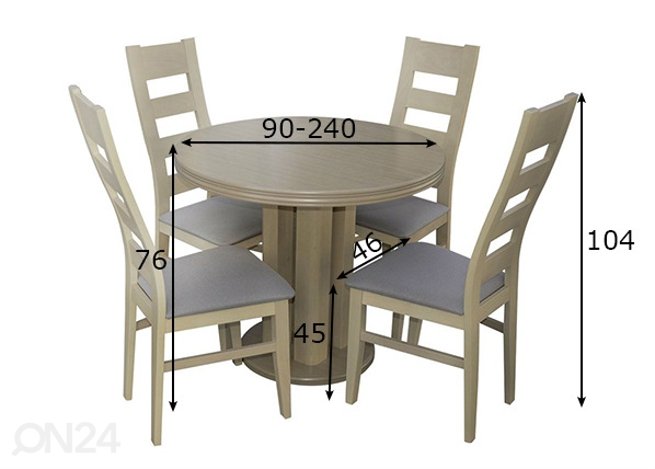 Удлиняющийся обеденный стол 90-240x90 cm + 4 стула размеры
