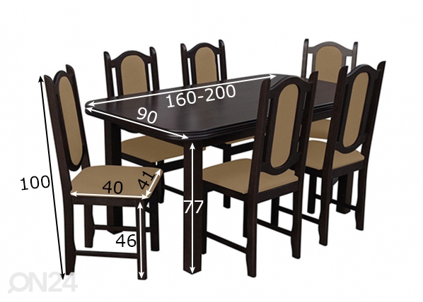 Удлиняющийся обеденный стол 90x160-200 cm + 6 стульев размеры
