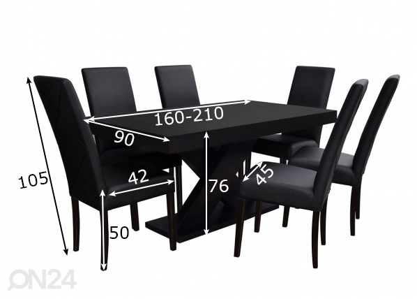 Удлиняющийся обеденный стол 90x160-210 cm + 6 стульев размеры
