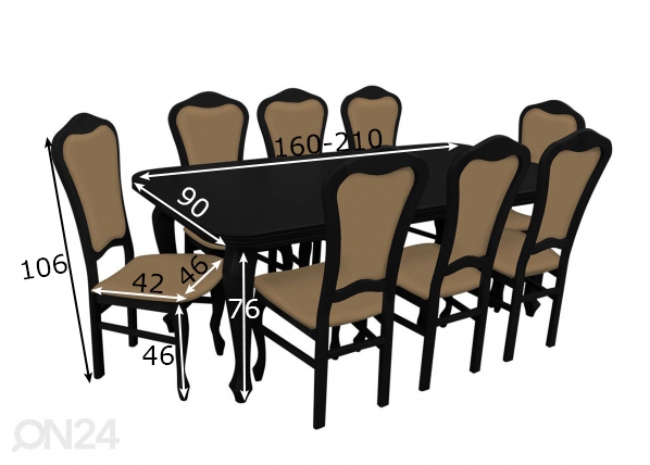 Удлиняющийся обеденный стол 90x160-210 cm + 8 стульев размеры