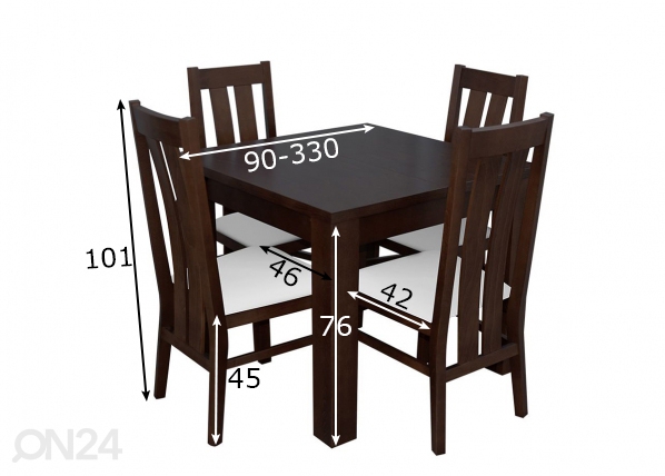 Удлиняющийся обеденный стол 90x90-330 cm + 4 стула размеры