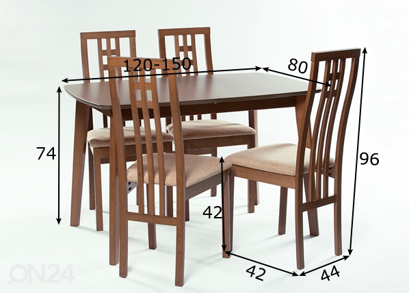 Удлиняющийся обеденный стол Bari 80x120-150 cm + 4 стула Monza, орех размеры