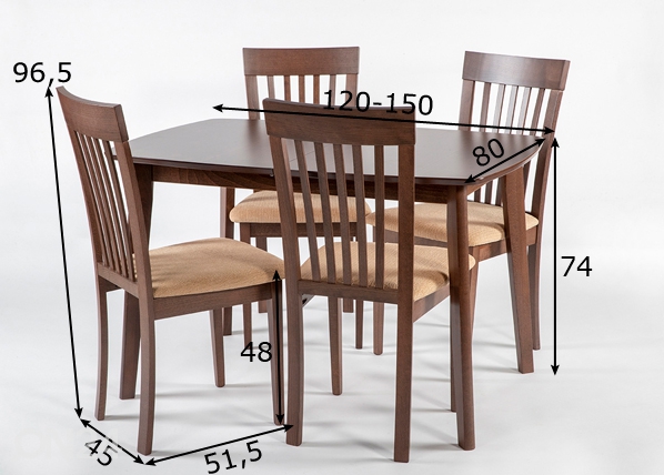 Удлиняющийся стол Bari + 4 стула Modena, светлый венге размеры