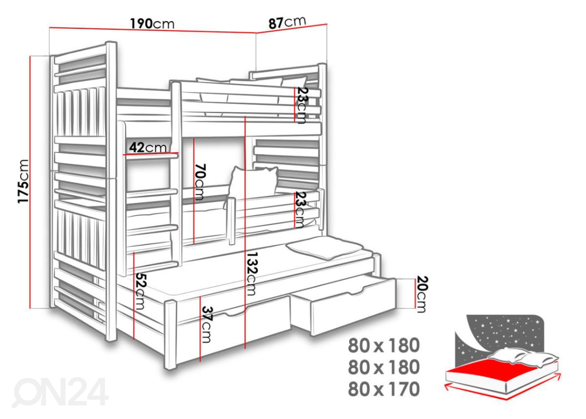 3-местная двухъярусная кровать 80x180 cm увеличить размеры