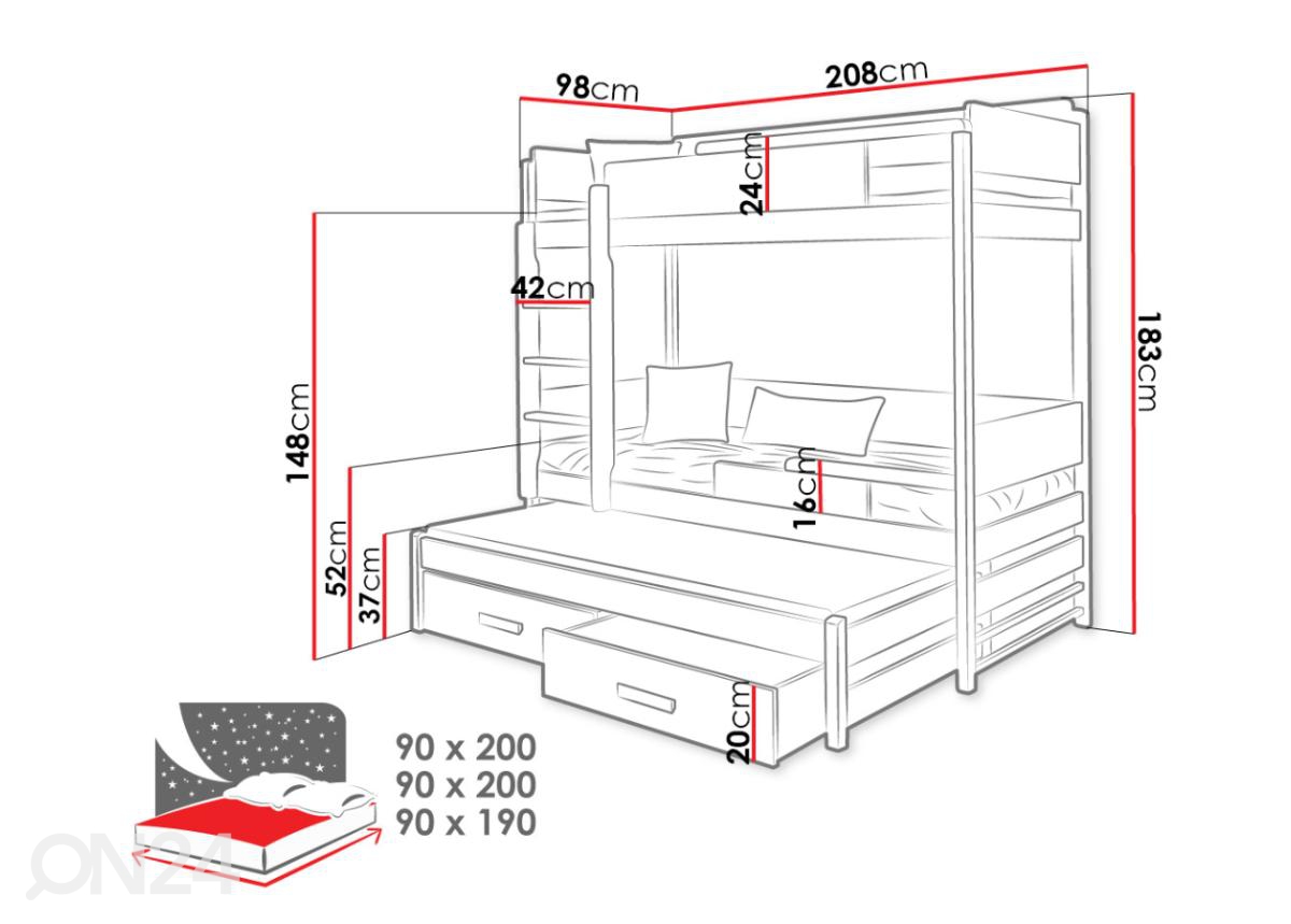 3-местная двухъярусная кровать 90x200 cm увеличить размеры
