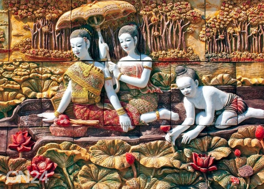 Fliis fototapeet Thai Stone Carving on Temple Wall 368x254 cm suurendatud