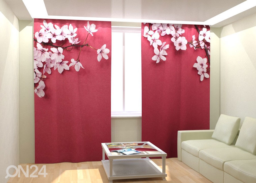 Fotokardinad Cherry Flowers on Red 300x260 cm suurendatud