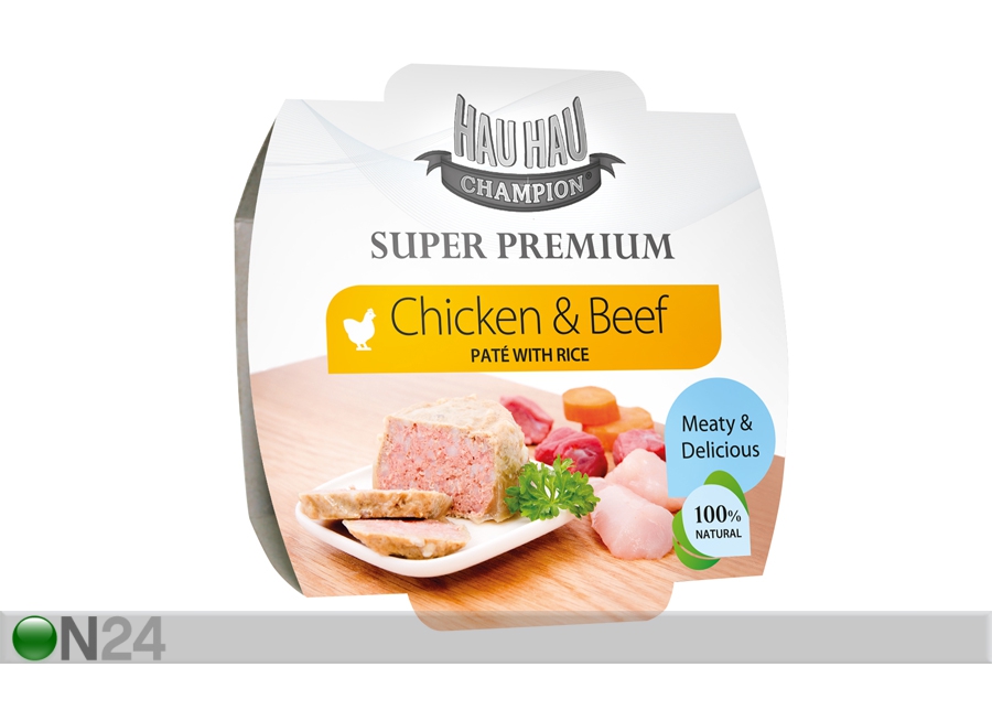 Hau-Hau Super Premium kana ja veiseliha paté riisiga 3x100g suurendatud