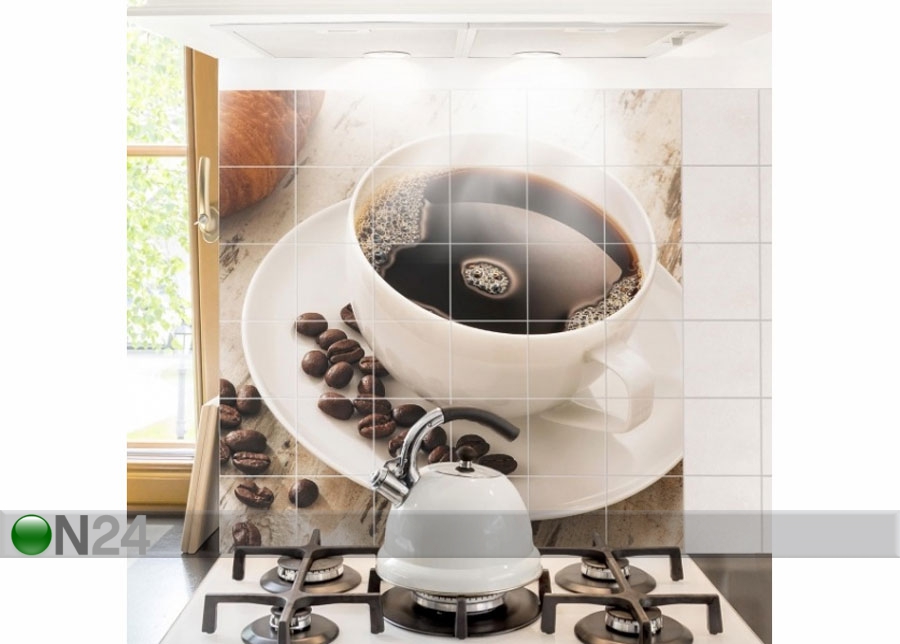 Kleebised seinaplaatidele Steaming coffee cup with coffee beans 120x120 cm suurendatud