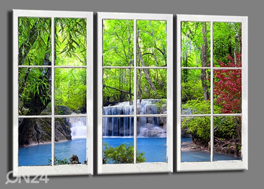 Kolmeosaline seinapilt Window waterfall 120x80 cm suurendatud
