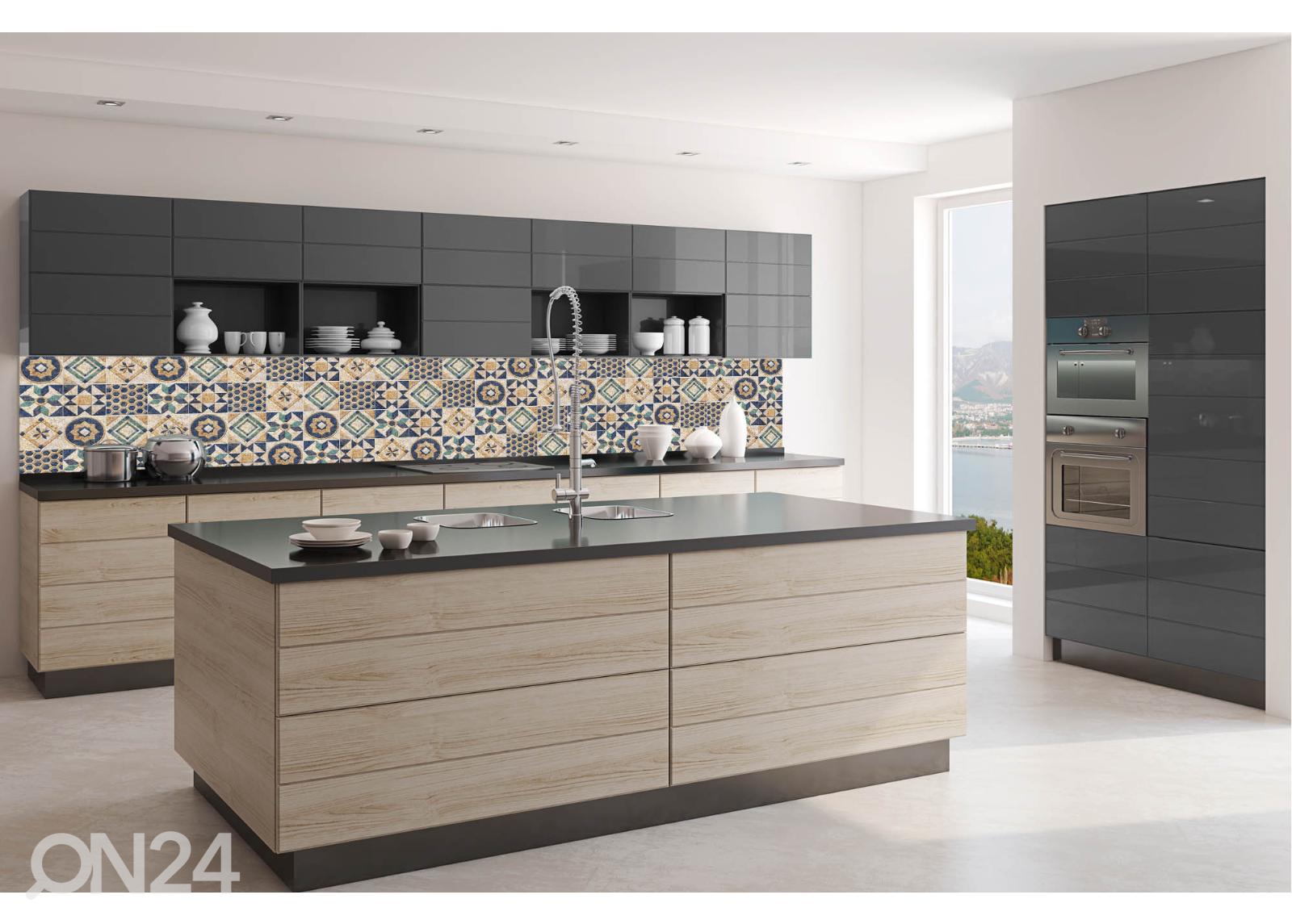 Köögi tagasein Abstract Blue Tiles 180x60 cm suurendatud