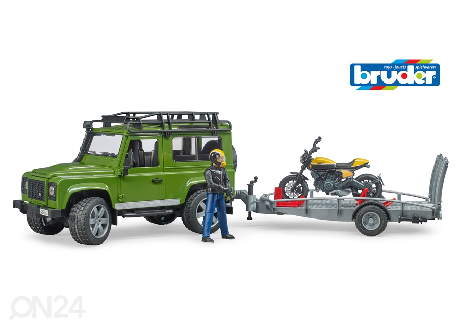 Land Rover Defender haagise ja mootorrattaga 1:16 Bruder suurendatud