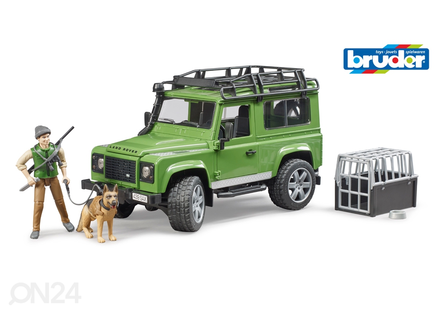 Land Rover Defender jahimehe ja koeraga 1:16 Bruder suurendatud