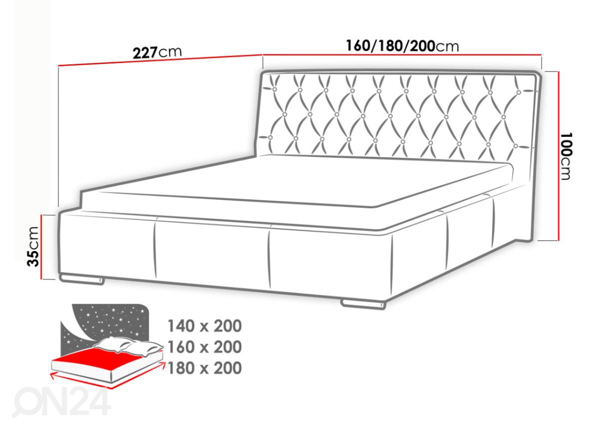 Pesukastiga voodi 140x200 cm suurendatud mõõdud