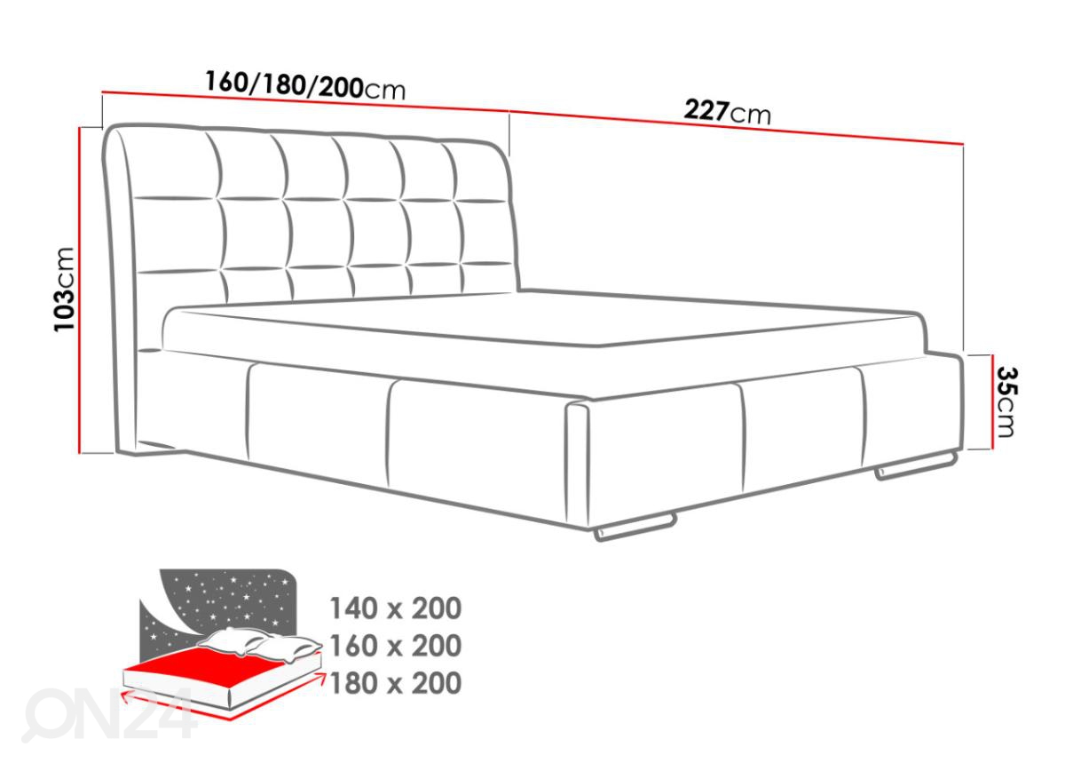 Pesukastiga voodi 180x200 cm suurendatud mõõdud