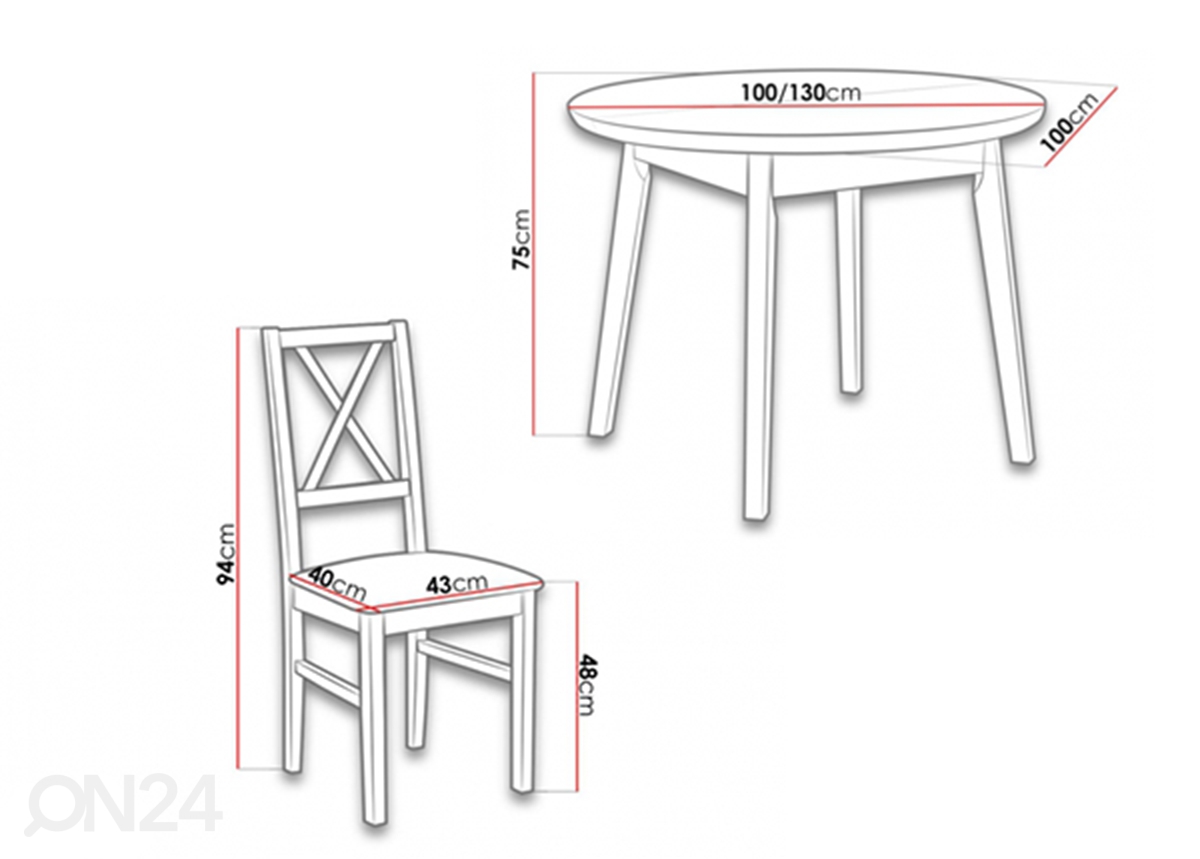 Pikendatav söögilaud 100-130x100 cm + 4 tooli suurendatud mõõdud