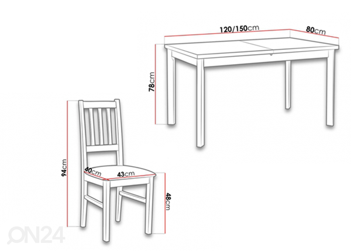 Pikendatav söögilaud 120-150x80 cm + 4 tooli suurendatud mõõdud