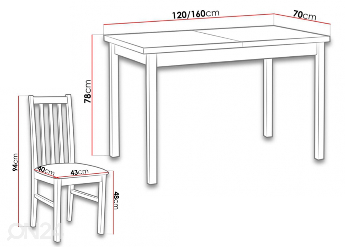 Pikendatav söögilaud 70x120-160 cm + 6 tooli suurendatud mõõdud