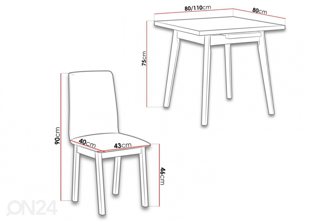 Pikendatav söögilaud 80-110x80 cm + 4 tooli suurendatud mõõdud