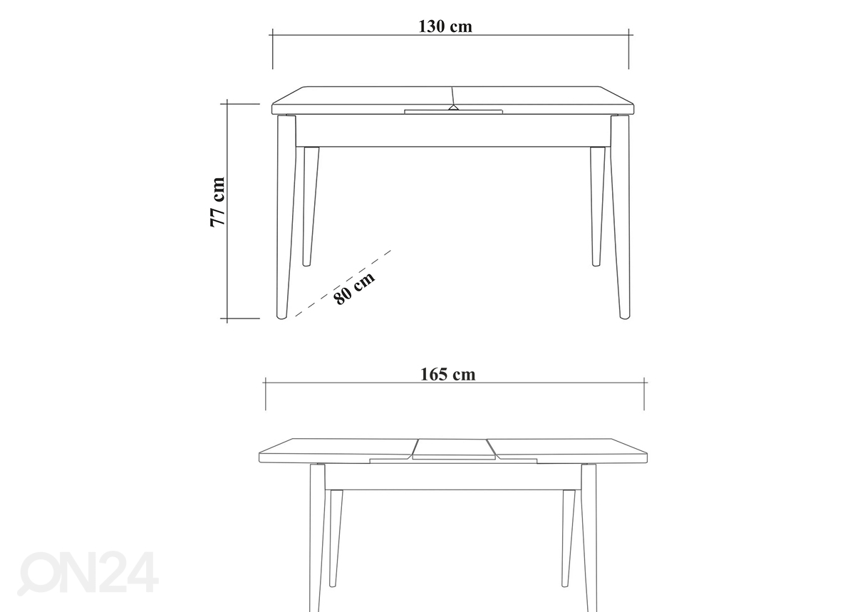 Pikendatav söögilaud 80x130-165 cm + 2 tooli+2 pinki suurendatud mõõdud