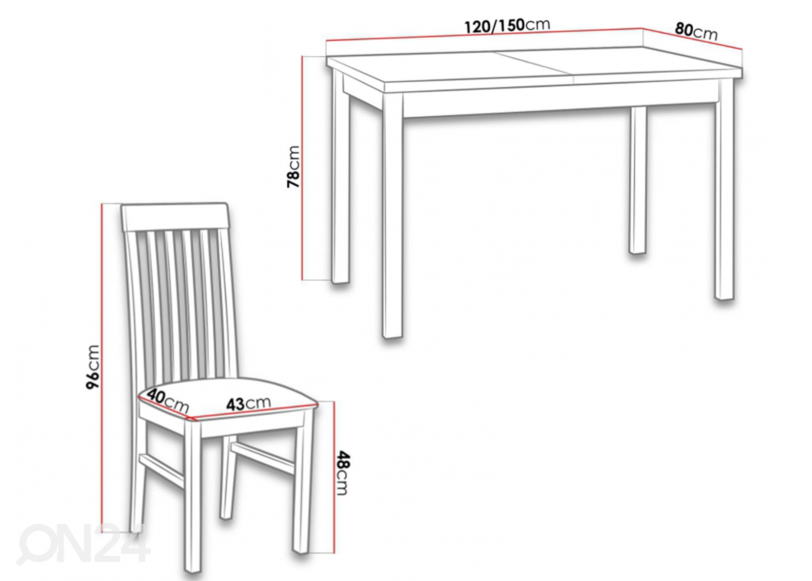Pikendatav söögilaud 80x140-150 cm + 6 tooli suurendatud mõõdud