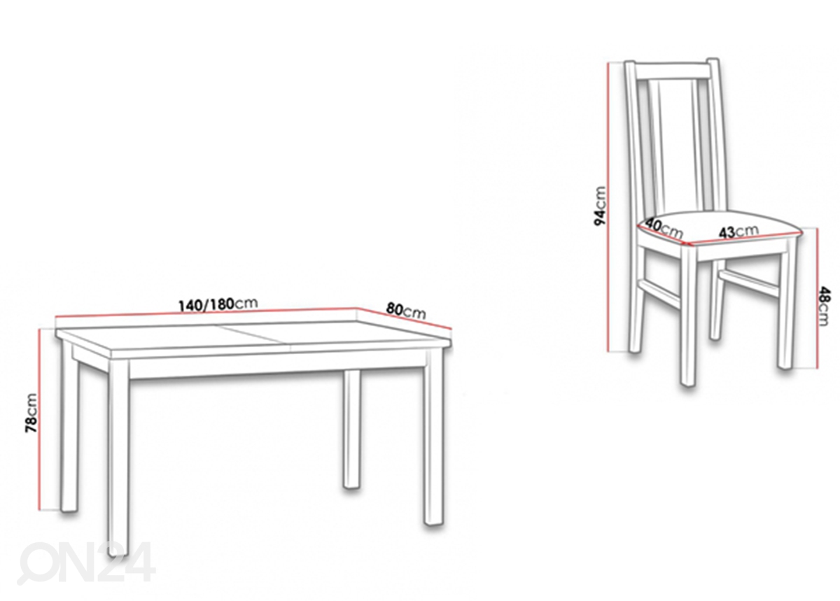 Pikendatav söögilaud 80x140-180 cm+ 4 tooli suurendatud mõõdud