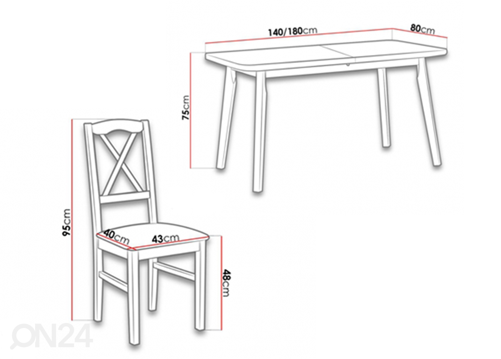 Pikendatav söögilaud 80x140-180 cm + 6 tooli suurendatud mõõdud