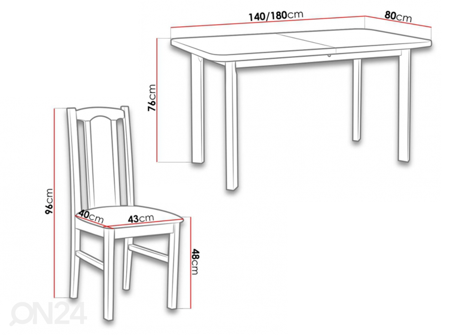 Pikendatav söögilaud 80x140-180 cm+ 6 tooli suurendatud mõõdud