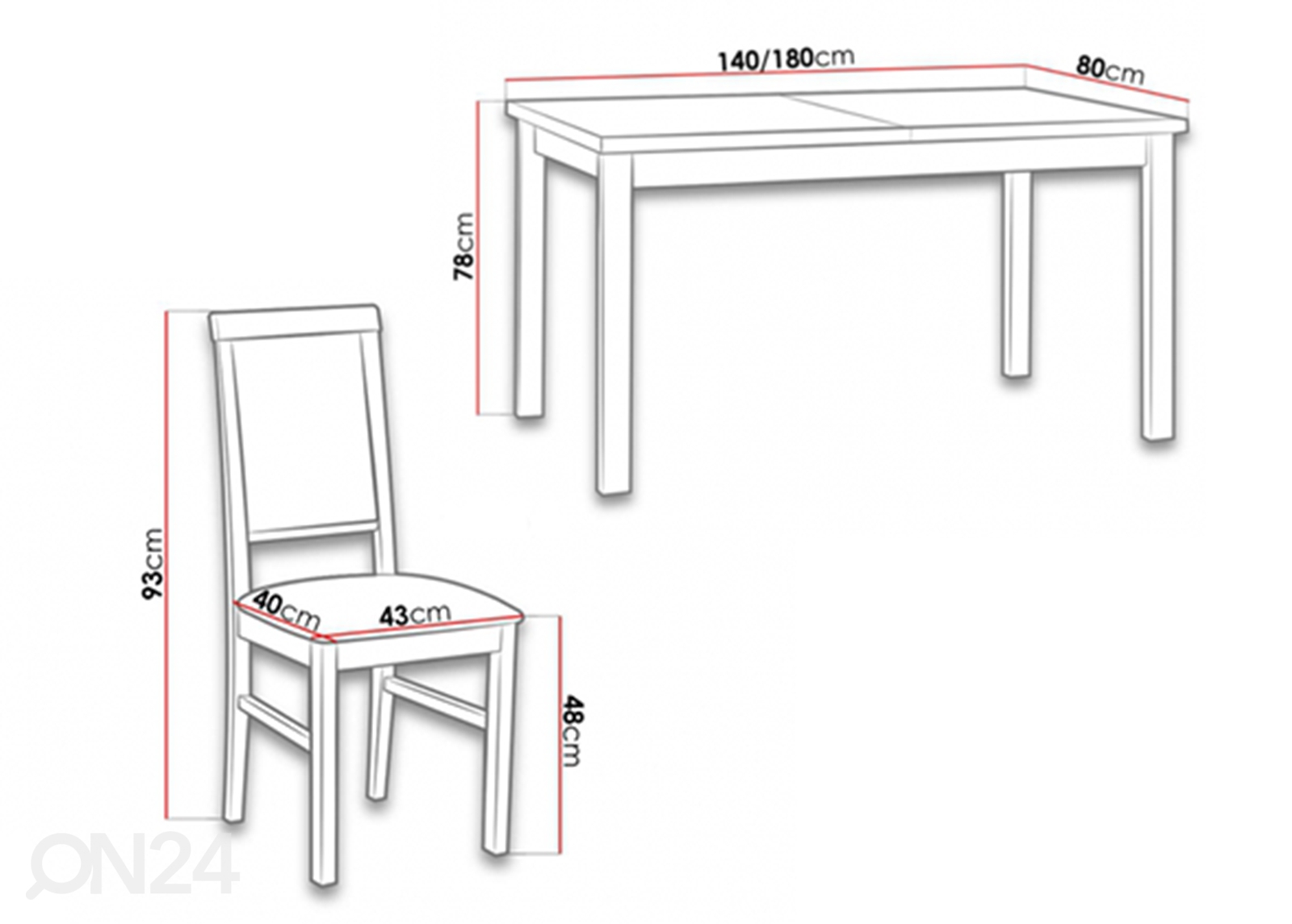 Pikendatav söögilaud 80x140-180 cm + 6 tooli suurendatud mõõdud