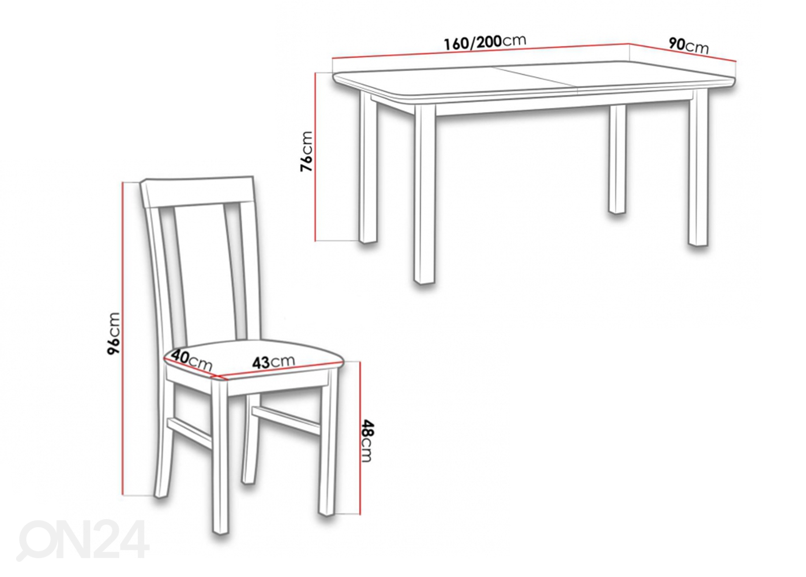 Pikendatav söögilaud 90x160-200 cm + 6 tooli suurendatud mõõdud