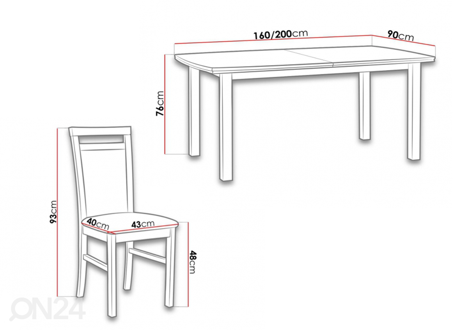 Pikendatav söögilaud 90x160-200 cm + 6 tooli suurendatud mõõdud