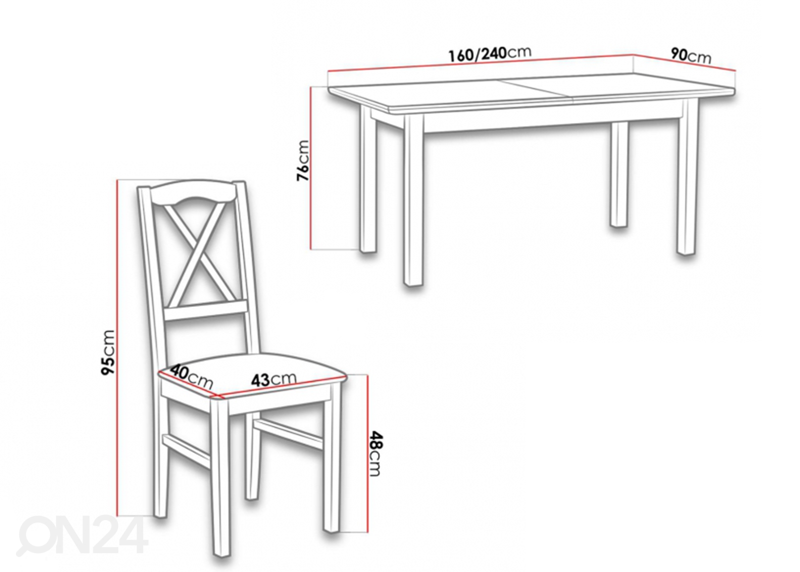 Pikendatav söögilaud 90x160-240 cm + 6 tooli suurendatud mõõdud